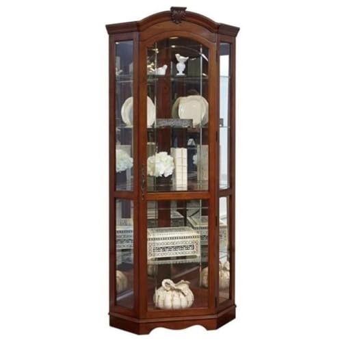 Beaumont Lane 78" H Traditional Wood Corner Curio Cabinet with Adjustable Glass Shelves & Adjustable Glides for Leveling Assembly Required, Mirrored Back, in Medallion Cherry Finish