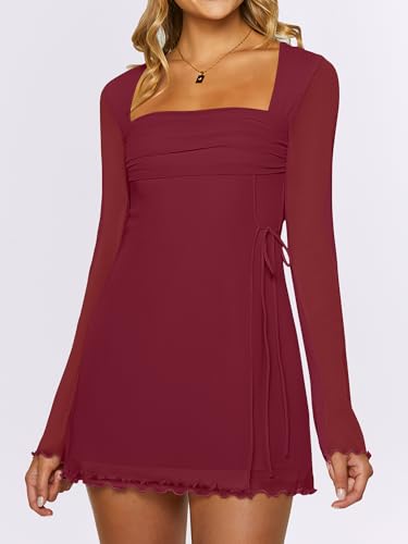 Image of Caracilia Womens Sexy Mesh Ruched Mini Dresses Long Sleeve Square Neck Tie Fall Club Party Cocktail Short Dress 2026 Fashion