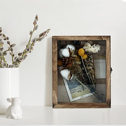 Image of GraduationMall 8x10 Shadow Box Frame Solid Wood Glass Door Display Case with Linen Back and 6 Stick Pins,1.5 inches Interior Depth,Ideal for Memorabilia Pictures Flowers Medals Tickets