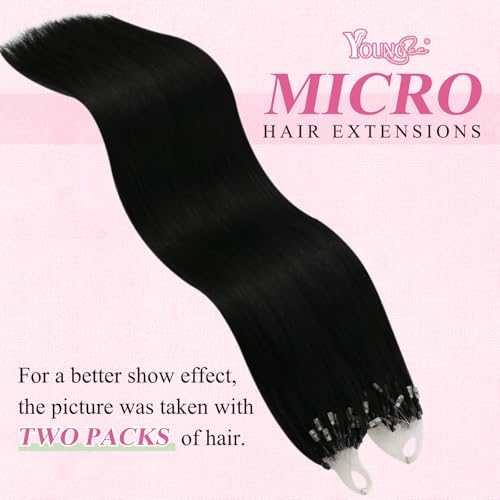 Image of YoungSee Micro Bead Hair Extensions Real Human Hair Black Microlink Hair Extensions Human Hair Jet Black Microbead Hair Extension 16 Inch 50s /57g Micro Ring Hair Extension for Wedding