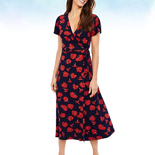 Vestido Boho de Manga Curta Feminino com Gola V PRETYZOOM Vestido de Praia Flor Casual para Festa de