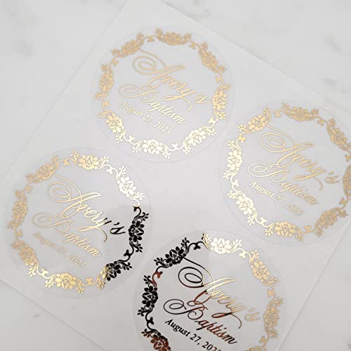 Clear Transparent Gold Foil Personalized Baptism Sticker Labels, Custom Christening Stickers for Favor and Gift Bags, Candles, Bottles, Jars (2" or 5.08 cm) - Thumbnail 3