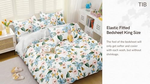 Image of TIB The Intellect Bazaar Glace Cotton Elastic Fitted Bedsheets King Size | Bedsheet for Double Bed with 2 Pillow Covers (72 inch x 78 inch or 182 x 152 cm) M-Floral Design