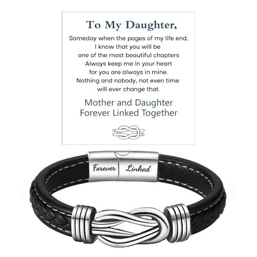 Mother and Daughter Forever Linked Together Braided Leather Bracelet, Inspirational Wristband for Women Stainless Steel Infinity Knot Engraved Leather Bangle Daughter Gift from Mom - Main Image