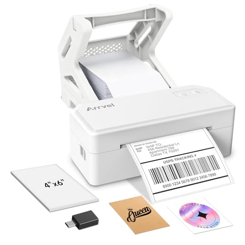 Arrvel Bluetooth Thermal Label Printer with Stand, Wireless 4x6 Shipping Label Printer for Small Business, Inkless Printing for USPS Amazon Etsy Shopify, Support iPhone Android Windows Mac (White)