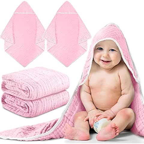 Chumia 2 Pieces Muslin Hooded Baby Towels for Newborn Girls Boys 32"x 32" Cotton Infant Bath Towel Absorbent Unisex Hooded Blankets for Babies Toddler, Newborn Registry Baby Gift (Pink) Cover