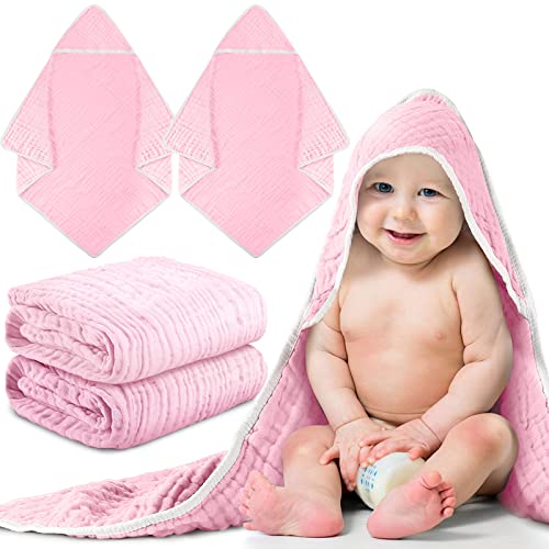 Image of Chumia 2 Pieces Muslin Hooded Baby Towels for Newborn Girls Boys 32"x 32" Cotton Infant Bath Towel Absorbent Unisex Hooded Blankets for Babies Toddler, Newborn Registry Baby Gift (Pink)
