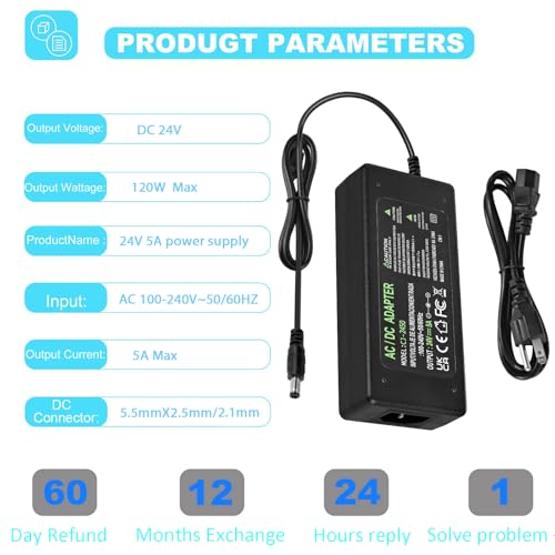 Power Supply 24V 5A,AC 100-240V to DC 24V 120W Converter Adapter Driver Transformer with 5.5mm x 2.5mm/2.1mm Jack, US Plug for Led Strips,LCD Monitors,CCTV Camera4