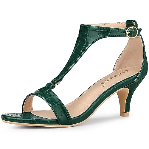 Allegra K Women's t Strap Embossed Kitten Heel Sandals
