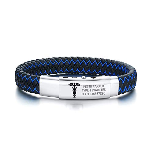 Personalizado grabado hecho a mano brazalete trenzado ajustable de cuero de emergencia personalizado personalizado cetro médico ID pulseras para hombres, 195-210MM, 195 210MM, Acero inoxidable