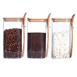 GURUDAR Glass Food Storage Container with Wood Spoon, 3PCS 54oz Airtight Sealed Coffee Bean Jar with