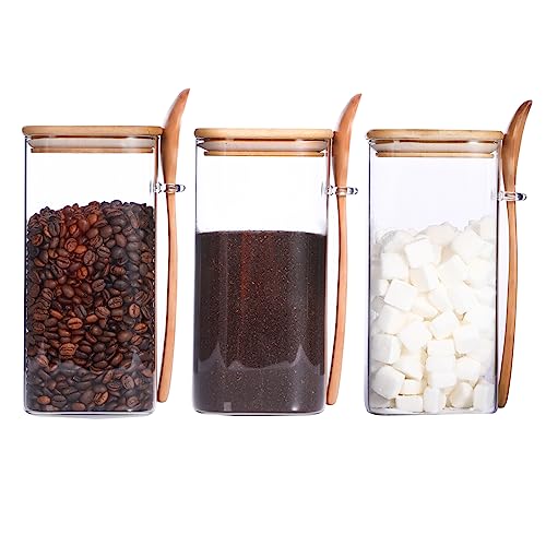 Gurudar Glass Food Storage Container With Wood Spoon, 3Pcs 54Oz Airtight Sealed Coffee Bean Jar With Bamboo Lid, Square Kitchen Pantry Canister Set For For Spaghetti Cookies Sugar Candy Flour #TOP27