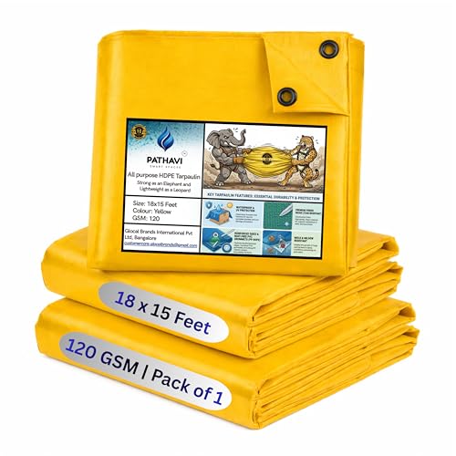 Image of Premium 18x15ft Yellow Tarpaulin, Thadika, 120 GSM Virgin Tharpai Sheet, Heavy Duty Waterproof Tadpatri Cover with Reinforced Eyelets & UV Protection, Ideal for Trucks, Farms, HomeUse, 1 Sheet