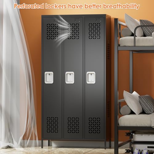 Image of Aobabo Upgrade Metal Storage Locker for Employees, 3 Doors Steel Storage Locker with Air Hole for Office Gym School, Industrial Storage with Hooks, Black, Assembly Required