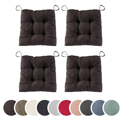 sleepling 4er Set Stuhlkissen, Sitzkissen Eva für Indoor und Outdoor, mit Klettverschluss, 100% Baumwolle, Made in EU, Maße: 40 (vorne), 35 (hinten) x 38 x 7 cm, Kastanie