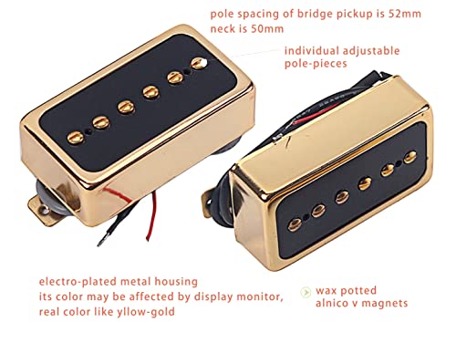 Lamsam P90 Tone Pickups Set, Humbucker-Sized Single Coil Neck Pick-Up And Bridge Pick Up Loaded Alnico V Magnets, As Replacement Parts For Standard-Humbucker Pickup On Electric Guitar, Gold #TOP2