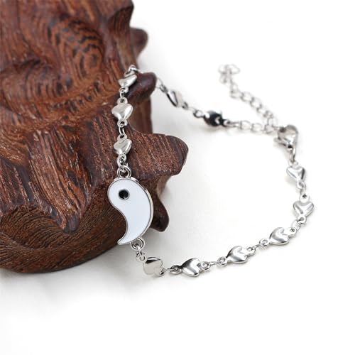 Image of 2 Couple Bracelets for men women, Love /Koi Fish /Gossip Jigsaw Puzzle Stainless Steel Heart-shaped Chain Adjustable Bracelet for Boyfriend Girlfriend Valentine's Day Gift Jewelry