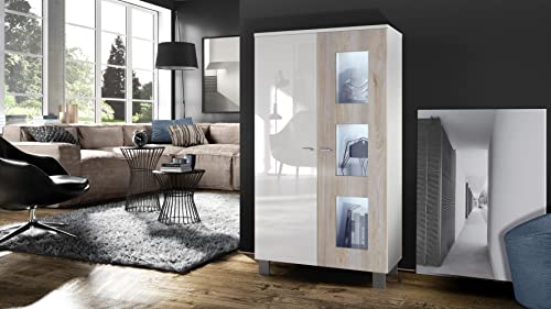 Miniatura 2 de Vladon Vitrina Denjo, Cristalera Con 2 Puertas Y 3 Estantes De Cristal, Blanco Mate Blanco De Alto Brillo Roble Nórdico, Incluida Iluminación Led 71 X 129 X 35 Cm