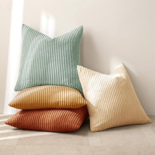 Image of MIULEE Boho Farmhouse Throw Pillow Covers 18x18 Inch Set of 4 Summer Modern Natural Decorative Cushion Covers Soft Corduroy Fall Home Decor for Couch Bed Sofa Living Room Teal-Rust Gradient Series