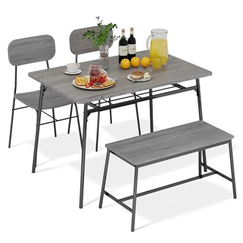 PULUOMIS Dining Table and Chairs Set 4, Dining Table with Storage Rack, Kitchen Table and 2 Chairs with Bench, Dining Room Sets for Restaurant Home, Grey