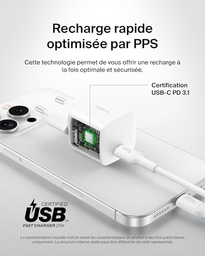 Belkin Chargeur Secteur USB-C (25W, câble USB-C de 60 W et de 1 m, Prise USB pour Smartphone, PD 3.0 avec PPS, pour Apple iPhone 16 Serie, iPad Pro, Samsung Galaxy S25, Nintendo Switch, etc., Blanc)