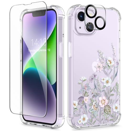 GVIEWIN for iPhone 14 Plus Case Floral, Screen Protector & Lens Protector