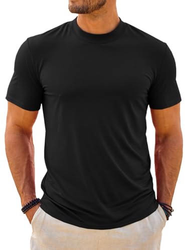 Makkrom Mens Mock Turtleneck T-Shirts Summer Short Sleeve Basic Tees Casual Solid Pullover Tops Black