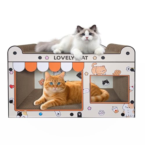 Cardboard Cat House - Cat Scratching Board, Play & Sleep Large Cat House （20.1"x11.0"x13.4"）, Stable and Sturdy Upper and Lower Layers, Easy to Assemble (Lovely CAT, L)