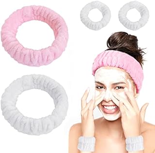 4 Pack Face Bands, Wrist Bands, Elastic Makeup Headbands, Washable Face Care Headbands, Coral Fleece Shower Headbands for Women Sports, Beauty (Pink, White)