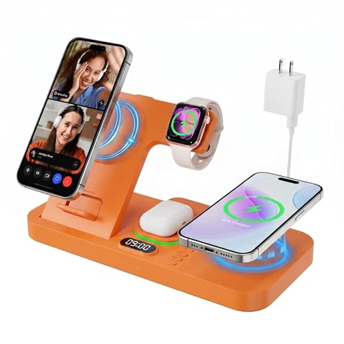 Image of Dual Phone Magnetic Wireless Charging Station for Apple Devices, 7-Color Auto Light & 12H Clock, Multi-Device Charger for iPhone 17 /16 /15, for iWatch 11 /10 /9 & AirPods Pro3(Orange