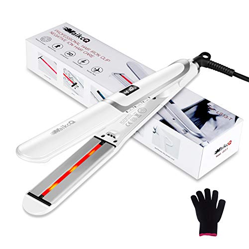 MaikcQ Titanium Infrared Flat Iron, Professional Hair Straightener with Digital LCD Display, Dual Voltage Adjustable Temp, Auto Shut-Off Salon Tool for All Hair Types -1 Inch White