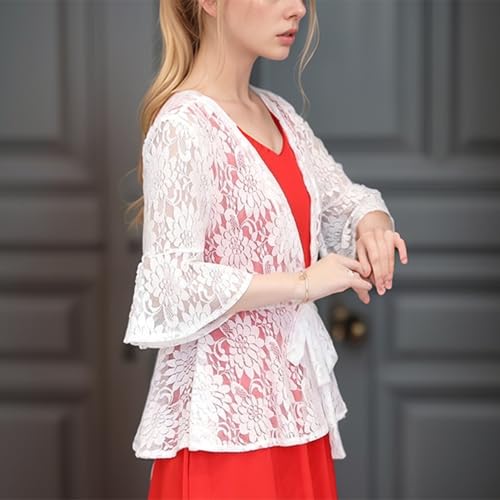 Image of FindThy Women's 3 /4 Flare Sleeve Lace Cardigan Tie Knot Front Floral Knitted Cover Up Shrugs