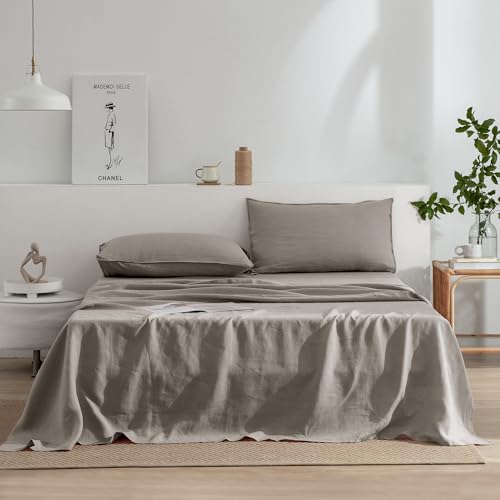 Image of EVERLY Linen Queen Size Sheets Set,100% French Washed Pure Linen Bed Deep Pocket Sheets,4Pieces(1Flat Sheet,1Fitted Sheet,2Pillowcases) Suitable for Hot Sleepers,180GSM Natural Linen Bedding Set