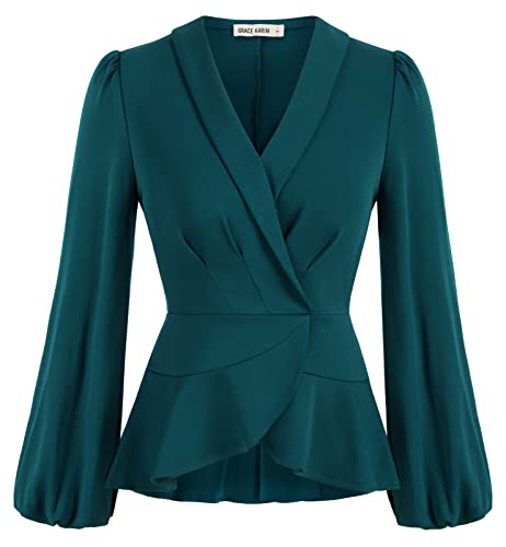 GRACE KARIN 2024 Women's Top Dressy Casual Long Sleeve Wrap Tops V Neck Blouses for Women Dressy Dark Green
