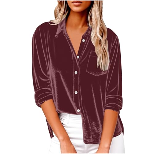 Elegant Vintage Velvet Tops for Women Long Sleeve V Neck Collared Button Down Shirts Retro Velour Blouses with Pocket Wine
