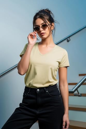 Image of JUNEBERRY Cotton Lycra Regular Fit V- Neck Solid Core Half Sleeves T-Shirt for Women & Girls (Colors Available: Black, Green, Magenta, Blue, Orange & Limeade)