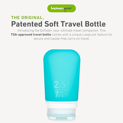 Image of humangear GoToob+ (Medium) | Refillable Silicone Travel Bottle | Locking Lid | Food-Safe Material | Aqua, Medium (2.5 fl.oz.; 74ml)