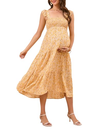 Image of KOJOOIN Womens Maternity Dress Summer Sleeveless Smocked Square Neck Ruffle Casual Boho Midi Dress Baby Shower Photoshoot