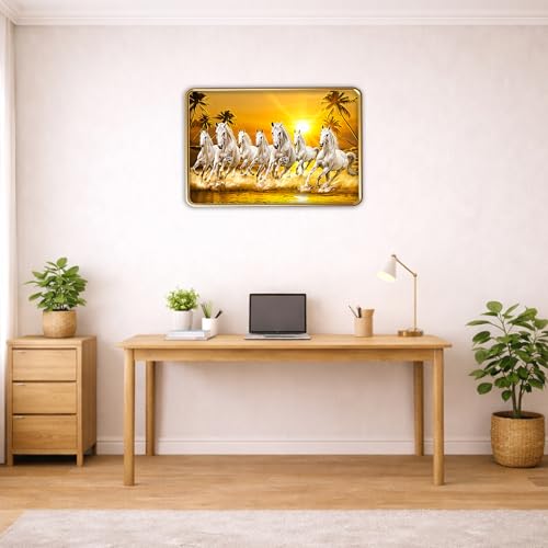 Image of XOPY Seven Running Horses with Golden Frame | Vastu 7 horses Raw Pyrite Painting for Home, Office & Living Room Wall Decore | 12X18 Inch Sparkle Laminated Frame | Best For Gifting (53308, 12X18)