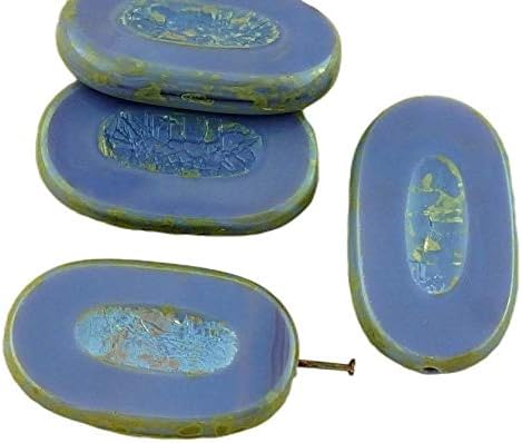 2pcs Opaque Violet Purple Travertine Dark Large Flat Oval Table Cut Carved Czech Glass Beads 26mm x 15mm