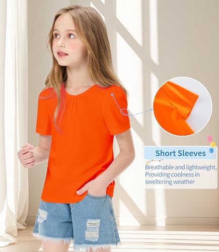 Image of Girls Casual Solid Crewneck Top Short Sleeve Soft T-Shirt with Crisscross Back Design Orange 9-10