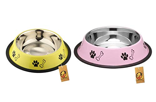 Image of Foodie Puppies Stainless Steel Dog Bowl Combo - (Medium, 700ml) Food and Water Feeding Gift Bowl | Suitable for Dogs, Cats and Other Pets I Paw Bone Print, Anti-Skid Rubber Base (Pink + Yellow)