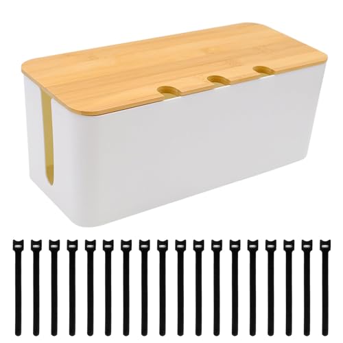 Kabelbox, Kabelmanagement Box, Cord Organizer Box mit hölzernem Deckel, DREI Loch Holz Abdeckung mit Klettband, Kabel Organizer Box, Geeignet für Ladekabel und Desktop Organisation, Weiß