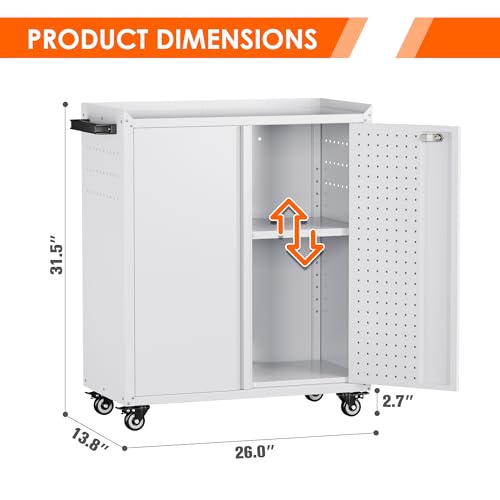 Image of Aobabo Metal Garage Storage Cabinet on Wheels,2 Doors Storage Cabinet with Wheels for Garage,Assembly Required,White