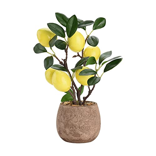 Atrusu 2023 New Artifical Lemon Tree Potted,11 Inch Artifical Fruit Lemon Decor Potted Plants,Lemon Kitchen Decor With Brown Earthenware Basin Pot,6 Heads Lemon Fruits Plant For Home Desk Decor #TOP2