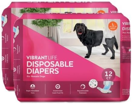 (2 Pack) Vibrant~Life Disposable Dog Diapers for Female Dogs, L, 12 Count