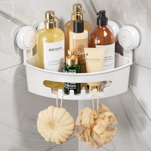 TAILI Corner Shower Caddy with Suction Cups, Wall Mounted Organizer Plastic Rack for Small Bathrooms, Kitchen, Removable Drill-Free Heavy Duty Shelf Basket, White | Plastic Rack, Small Bathroom Caddy, Removable, Drill-Free ,Heavy Duty Shower Basket