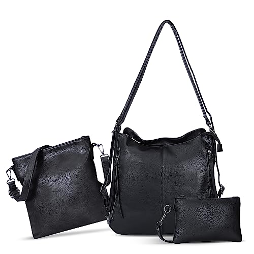 HUA ANGEL Bolso de hombro Set de 3 Bolsos Mujer Grande Tote (Convertible a Mochila) + Bandolera Móvil + Clutch in Cuero PU Multifuncional Bolso de mano para Viaje Trabajo Shopping Diario