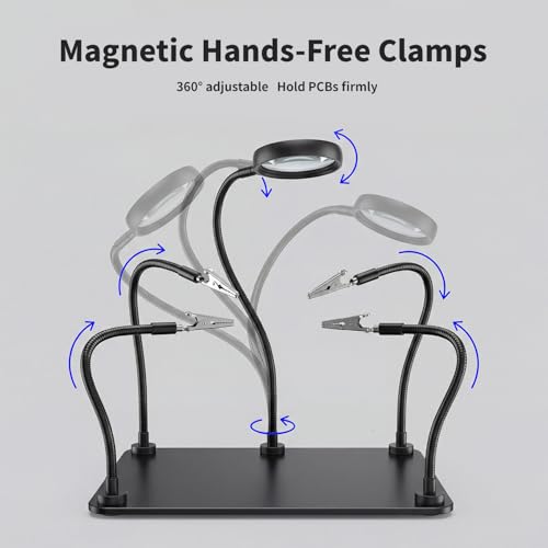 Image of Helping Hands Soldering Station with 5X Magnifying Glass, Soldering Holder Metal Circuit Board Holder 4 Flexible Metal Arms Magnetic Helping Hand for Soldering, Assembly, Repair