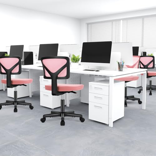 Image of DUMOS Small Office Chair Armless, Ergonomic Adjustable Home Office Swivel Rolling Task Chair No Arms, Comfy Mesh Mid Back Computer Work Vanity Desk Chiars with Wheels for Small Spaces, Hot Pink